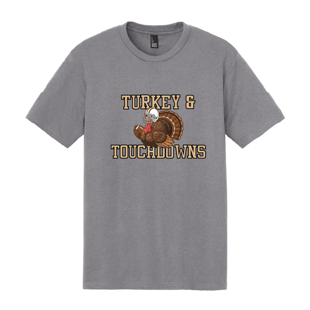 Gray t-shirt with a graphic of a turkey and text 'Turkey & Touchdowns' on a white background