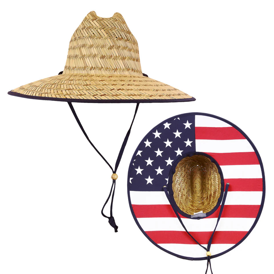 Straw hat with American flag design on a white background