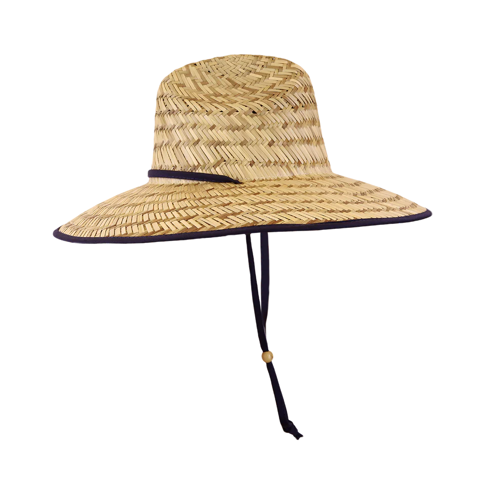 Straw hat with a wide brim and black band on a white background