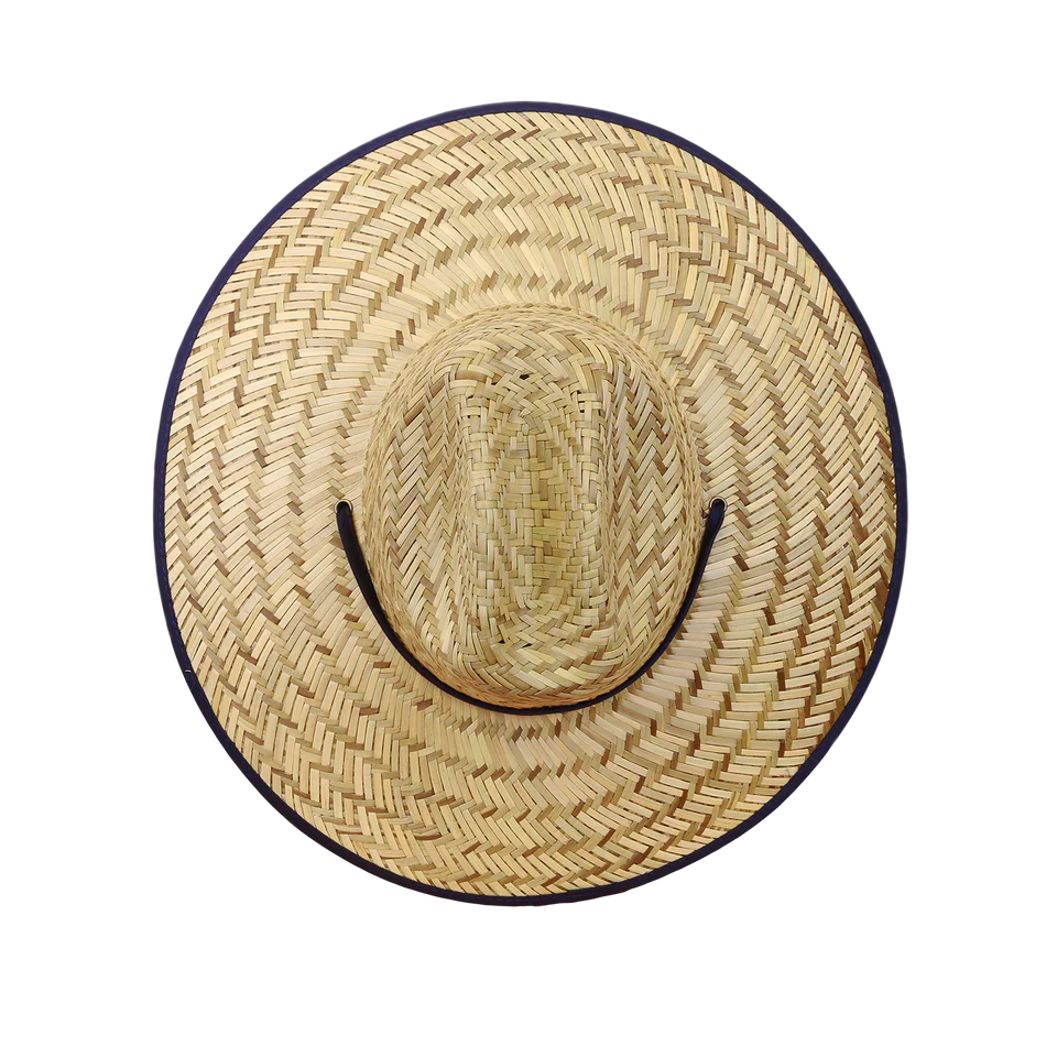Straw hat with a black band on a white background