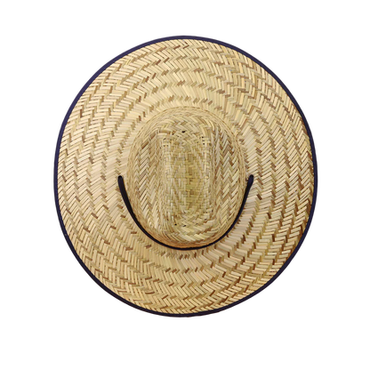 Straw hat with a black band on a white background