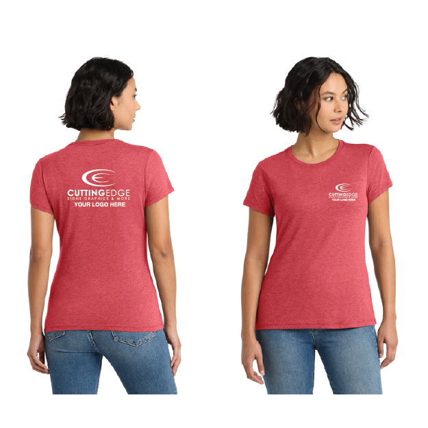 Red t-shirt with a logo on the front and back worn by a person, on a white background