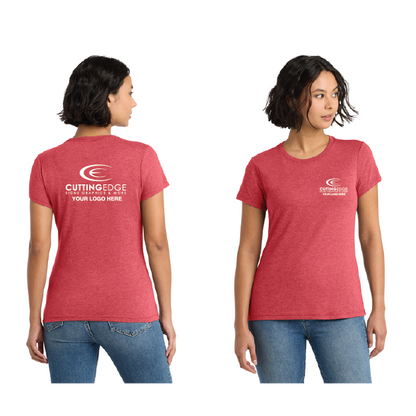 Red t-shirt with a logo on the front and back worn by a person, on a white background