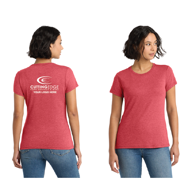 Red t-shirt with a logo on the back worn by a person, displayed from front and back views.