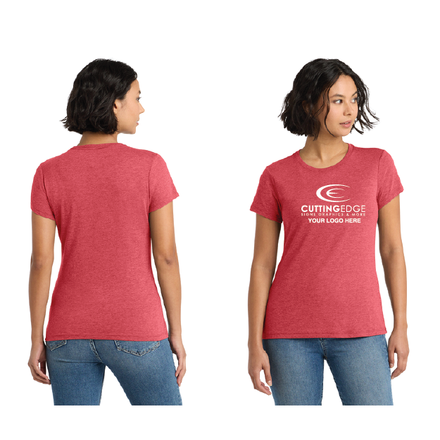 Red t-shirt with a logo and text worn by a person, shown from front and back.