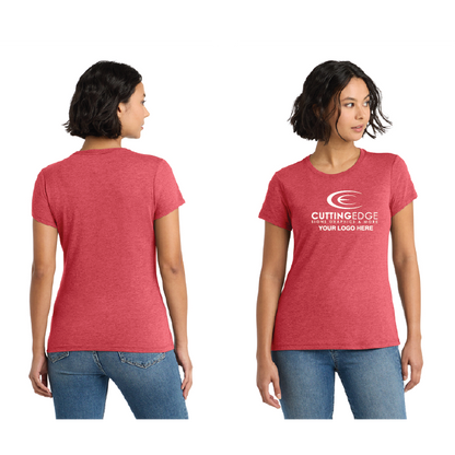 Red t-shirt with a logo and text worn by a person, shown from front and back.