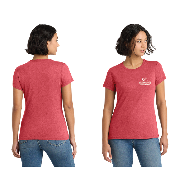 Red t-shirt with a logo worn by a person on a white background