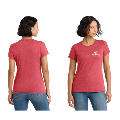 Red t-shirt with a logo worn by a person on a white background